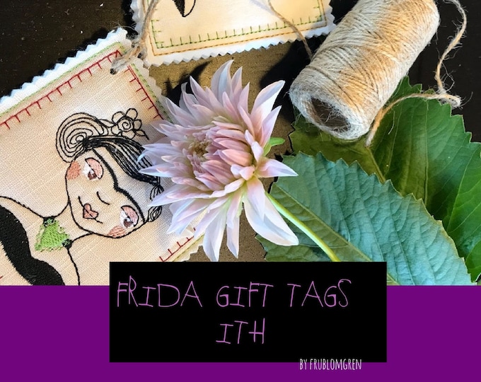 GIFT TAGS ITH, Machine Embroidery Cards with adorable, whimsical Frida - in 4 different versions, oval or square, with or with out colours