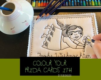 Colour Your own Cards with these cute, whimsical Blackwork ITH Machine Embroidery Christmas Cards in 4 diff. languages