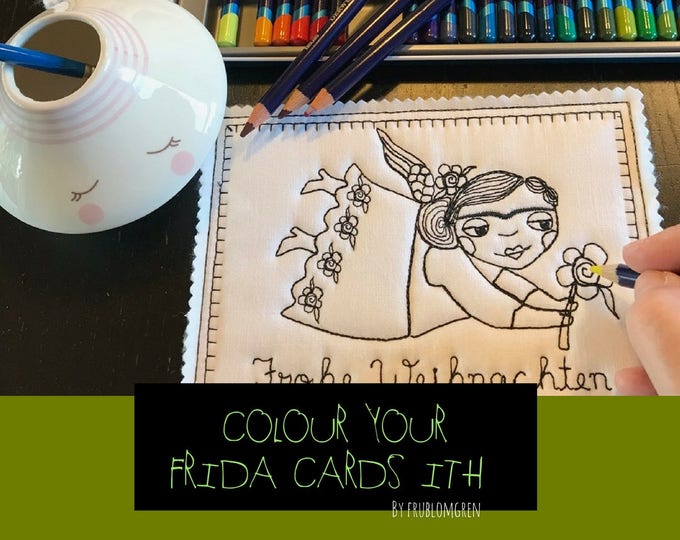 Colour Your own Cards with these cute, whimsical Blackwork ITH Machine Embroidery Christmas Cards in 4 diff. languages