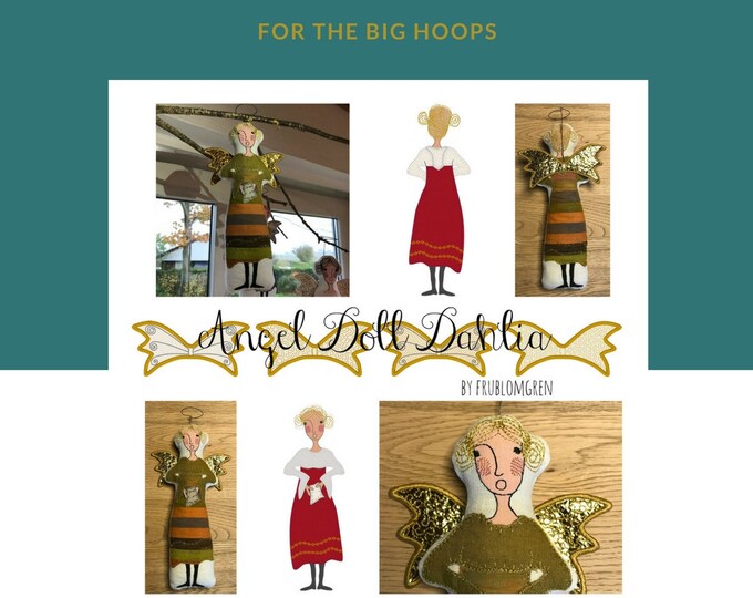 ITH Angel Doll DAHLIA, Big Hoop Machine Embroidery Design for a large Double-sided Angel Doll + 4 pair of Wings, Approx. 27 cm tall