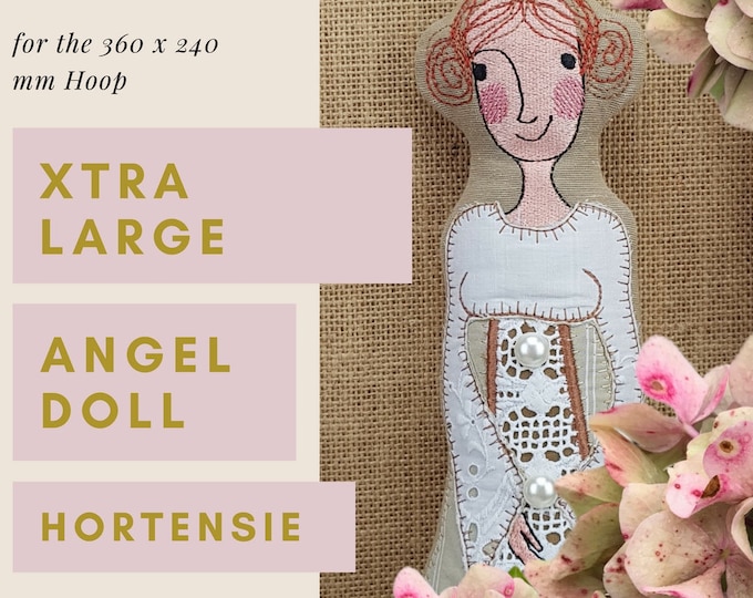 XTRA Large Angel Doll HORTENSIE, ITH Machine Embroidery Design for the very big hoop, approx. 34 cm tall, double-sided softie + 4 wings