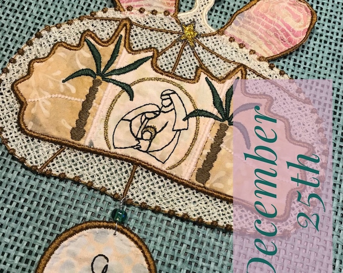 Freestanding NATIVITY Lace & Appliqué Angel - December 25th in fruBlomgren's Christmas Event 2018 - with little ornaments in three languages