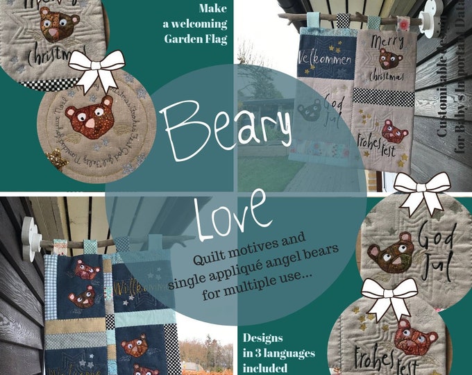 ADORABLE QUILT MOTIFS for Christmas with my Appliqué Bears, 9 different motifs in 3 different language: English, German and Danish