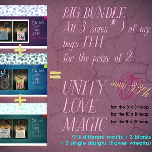 May include: A collage of three images showing different sizes of fully lined zipper bags with the words "Unity Love Magic" and "save 33%" in pink text. The text "All 3 sizes of my bags ITH for the prize of 2" is also included. The bags are decorated with different designs, including a heart, a flower, and a star.