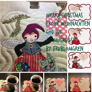Peut inclure: Un ensemble de quatre dessous de tasse de Noël rouge et blanc avec un lutin fantaisiste et un chat, un cœur et le texte "Merry Christmas, Frohe Weihnachten, God Jul, Mug Rugs by Fru Blomgren".