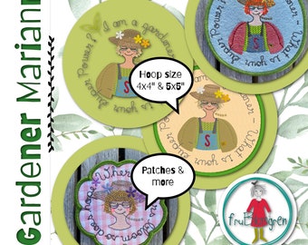 ITH Patches & MugRug mit Gärtnerin Marianne – handgezeichnete und lustige Maschinenstickmotive, perfekt für Gartenliebhaber – Stickrahmen 4x4 und 5x5