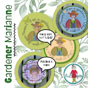 Puede incluir: Parches bordados con temática de jardinero. Los parches presentan una mujer de dibujos animados con sombrero de paja, con textos como "I am a gardener" y "Where hope does bloom". Tamaños de aro: 10,16 cm x 10,16 cm y 12,7 cm x 12,7 cm.