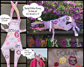 XL Softie Bunny ITH, Special Edition 'Power Girl Bunny' with flowers in her hair and a powerful message on her body, Rag Doll Style Doll ITH