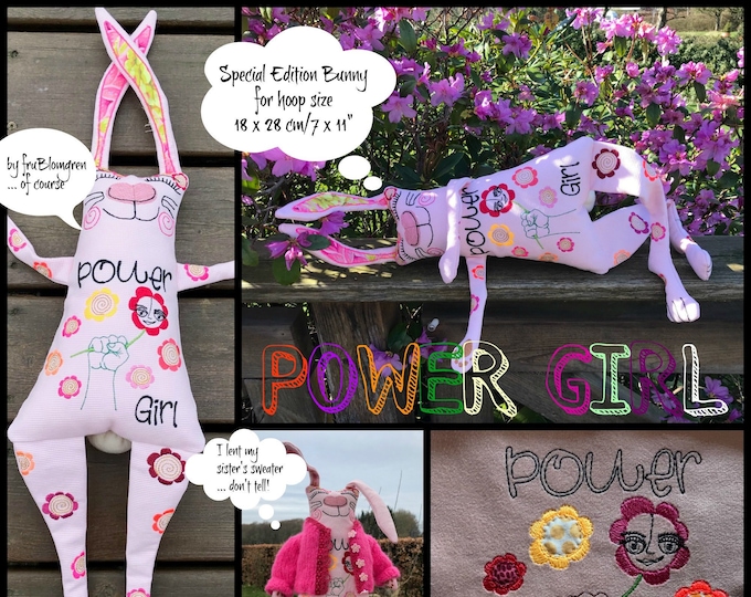 XL Softie Bunny ITH, Special Edition 'Power Girl Bunny' with flowers in her hair and a powerful message on her body, Rag Doll Style Doll ITH