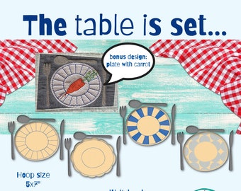 5 handdrawn fruBlomgren Appliqué Plates with Cutlery - The table is set  hoop size 5x7" - decorate them as you like - for cute kitchen decor