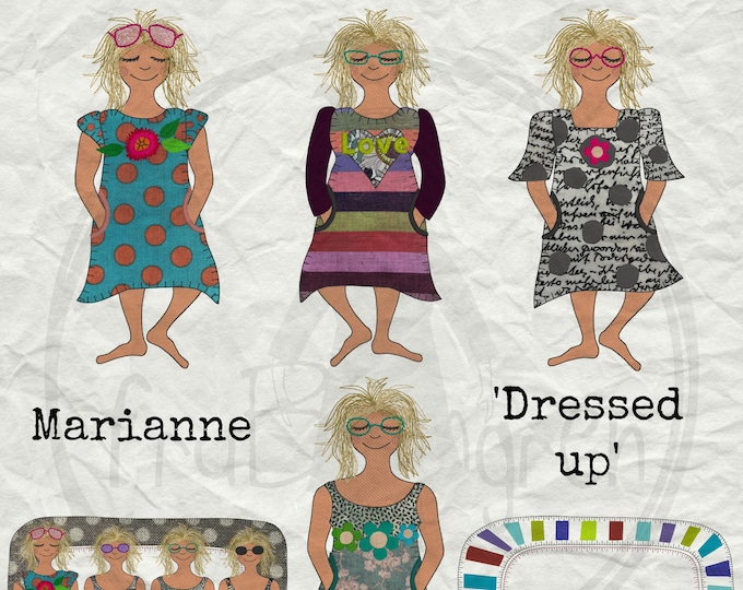 MARIANNE - DRESSED UP - 6 designs: 4 different Appliqué Girls to dress up as you like + a blanket/frame  + a large design with all 4 girls