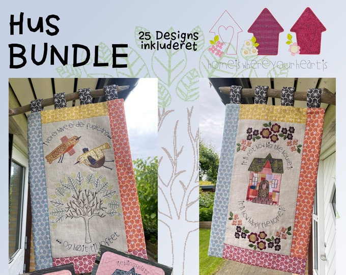 HUS BUNDLE - Danish texts - Large design pack with 25 hand-drawn designs, lots of fun, machine embroidery designs - different hoop sizes