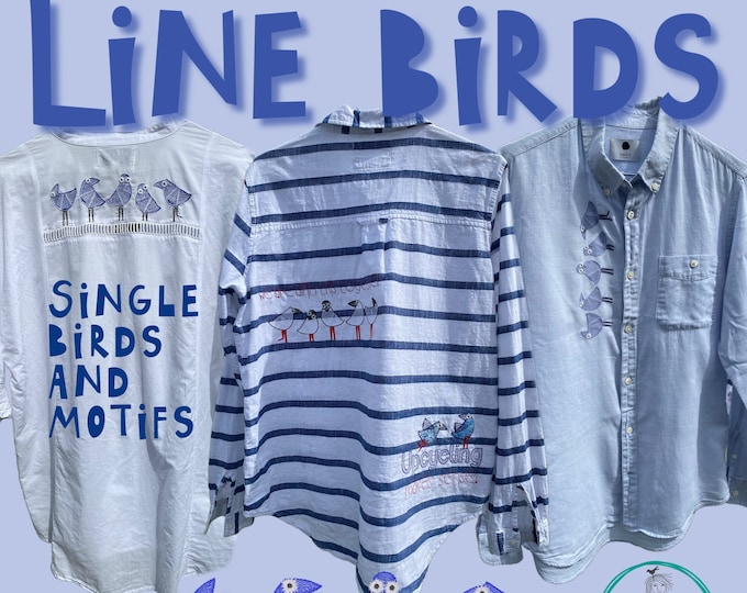 BIRD BUNDLE - 14 hand drawn bird designs - LINE birds - easy machine embroidery designs - add fun to your textile projects - hoop 5x7 and up