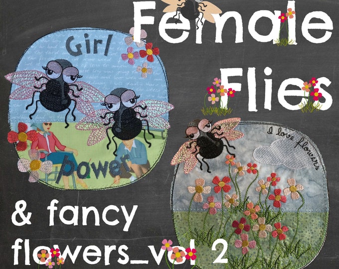 9 Cute Appliqué Machine Embroidery Designs with my little Female Fly, Fie, 2 large detailed motifs for the 8 x 8" hoop + 7 single motifs