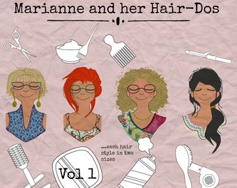 Marianne and her HAIR-DOS - VOL 1 - Hand drawn Machine Embroidery Designs with 4 different hair-styles in each 2 sizes, 8 in total