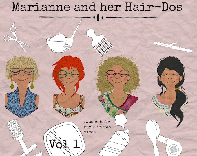 Marianne and her HAIR-DOS - VOL 1 - Hand drawn Machine Embroidery Designs with 4 different hair-styles in each 2 sizes, 8 in total