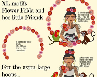 XLarge Beautiful FLOWER FRIDA and her Little Friends for the Extra big hoops 20 x 28 cm (8 x 8") and 24 x 36 cm, very detailed designs