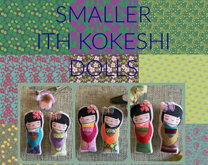 KOKESHI fabric DOLLS, ITH, Smaller Textile Japanese inspired Dolls, Kokeshi, 3 sizes in each 2 variants with flower or butterfly, 9-12 cm