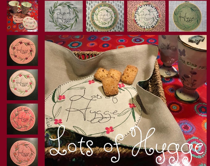 HYGGE - lots of HYGGE, beautiful and versatile machine embroidery designs, ITH Coaster + 4 wreaths + 4 appliqué frames + 4 design labels