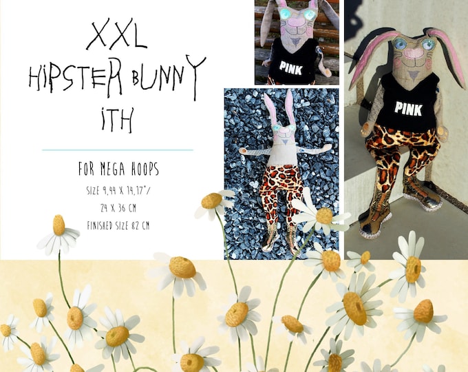 XXL Softie Bunny ITH, Spec. Edition 'Hipster Bunny' (9,44 x 14,17" hoops) with cool boots, jeans and tattoos , Rag Doll Style Doll ITH