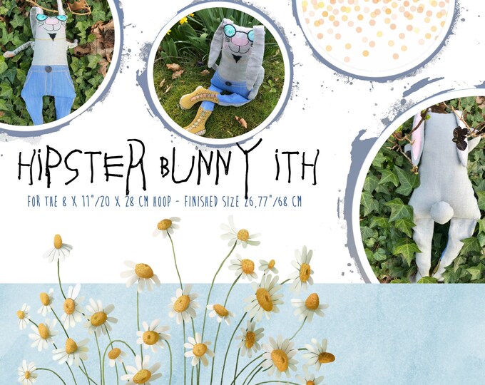 XL Softie Bunny ITH, Special Edition 'Hipster Bunny' (8 x 11" hoops) with cool boots, jeans and textile tattoos , Rag Doll Style Doll ITH
