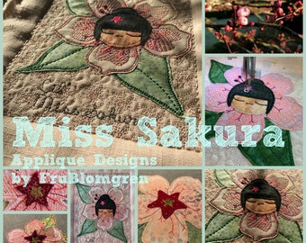 9 Appliqué Sakura Designs, Miss Sakura, 4 Detailed, hand drawn Appliqué motifs with my little miss Sakura + 5 Appliqué Sakuras in 5 sizes