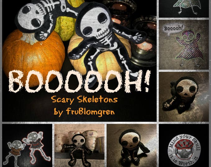 SCARY SKELETONS in different versions - 6 machine embroidery designs for an ITH skeleton, an appliquéd double scary Ghost and 3 reflectors