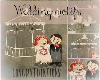 WEDDING MOTIFS, 8 Machine Embroidery Designs themed WEDDING, 7 single motifs + a large motif, very versatile, also includes 4 cards to print