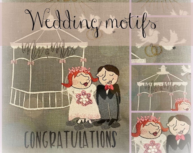 WEDDING MOTIFS, 8 Machine Embroidery Designs themed WEDDING, 7 single motifs + a large motif, very versatile, also includes 4 cards to print