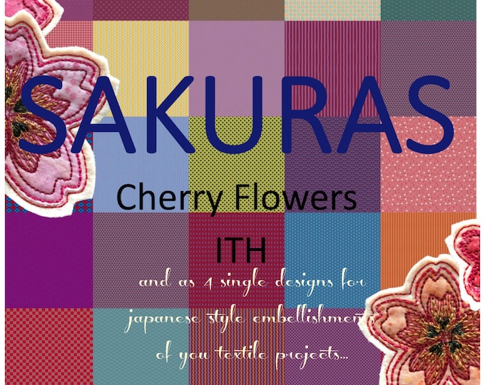 SAKURA TAGS ITH, Japanese Cherry Flower Machine Embroidery designs - 4 different sizes + an In The Hoop Design with all 4 flowers as tags