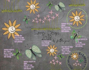 10 CUTE AND WHIMSICAL Summer Machine Embroidery Designs to mix and match - 3 Full motifs and 7 single elements to create your own motifs
