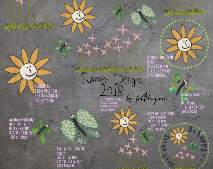 10 CUTE AND WHIMSICAL Summer Machine Embroidery Designs to mix and match - 3 Full motifs and 7 single elements to create your own motifs