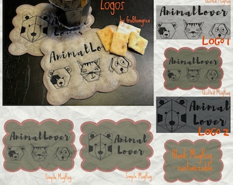 ITH MUGRUGS and LOGOS for Animal Lovers, 8 Machine Embroidery Designs, 3 versions in various versions, logos and different kinds of MugRugs