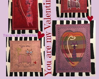 VALENTINE CARDS, You are my Valentine, 6 designs for cards in three sizes, ITH machine embroidery designs, appliqué Motifs with Cute Cats