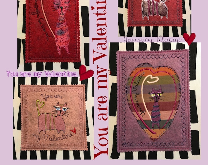 VALENTINE CARDS, You are my Valentine, 6 designs for cards in three sizes, ITH machine embroidery designs, appliqué Motifs with Cute Cats