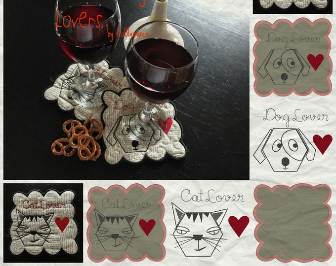 WHIMSICAL, Cute COASTERS for Cat- and Dog lovers, 8 ITH Machine Embroidery Designs, 2 designs in different versions as Coasters and Texts