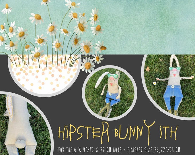 Large Softie Bunny ITH, Special Edition 'Hipster Bunny'(6 x 9" hoops) with cool boots, jeans and textile tattoos , Rag Doll Style Doll ITH