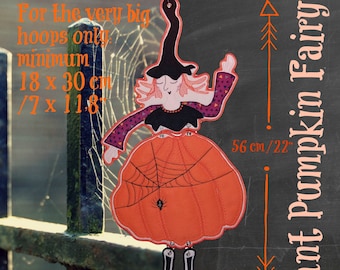 Giant ITH Pumpkin Fairy, Appliqué Machine Embroidery design for making a very tall, 56 cm, Freestanding Wall-hanger Pumpkin Fairy