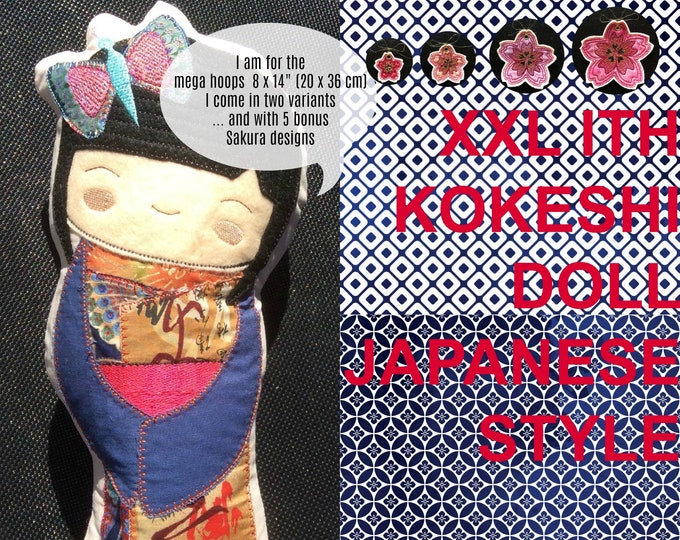 XXL KOKESHI Dolls ITH, for Mega Hoops Only, 8 x 14" - 20 x 36 cm, 2 Variants with flower or butterfly, + 5 bonus Sakura designs, total of 7