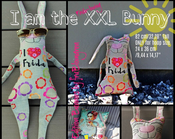 XXL Softie Bunny ITH, Special Edition 'I Love Frida' Bunny with Flowers all over, Extra Extra Large Rag Doll Style Bunny, 82 cm/33,23" tall
