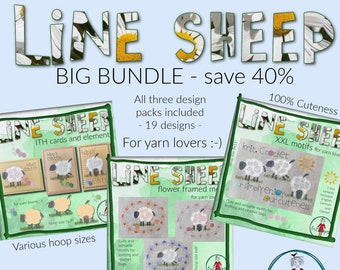 BIG Bundle, sparen Sie 40% - alle 3 Design Packs mit meinem NEUEN Cute Line Style SHEEP und den Garnbällen inklusive - 19 Designs - verschiedene Rahmengrößen