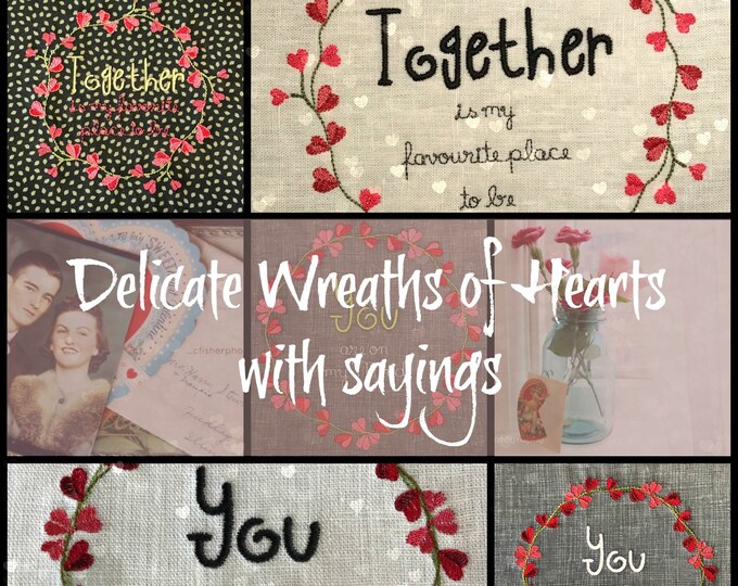Delicate Wreaths of Hearts with romantic sayings, 2 designs each 2 sizes + in AM English - Together is my favourite place, 6 designs total