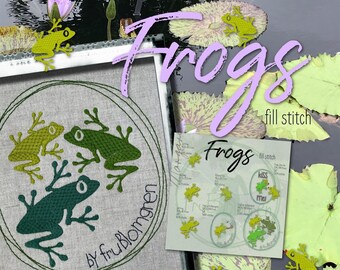 7 cute, fill stitch Frog designs: 4 singles and 3 motifs - Machine embroidery designs for Frog Lovers - hoop size 4x4" and 5x7"