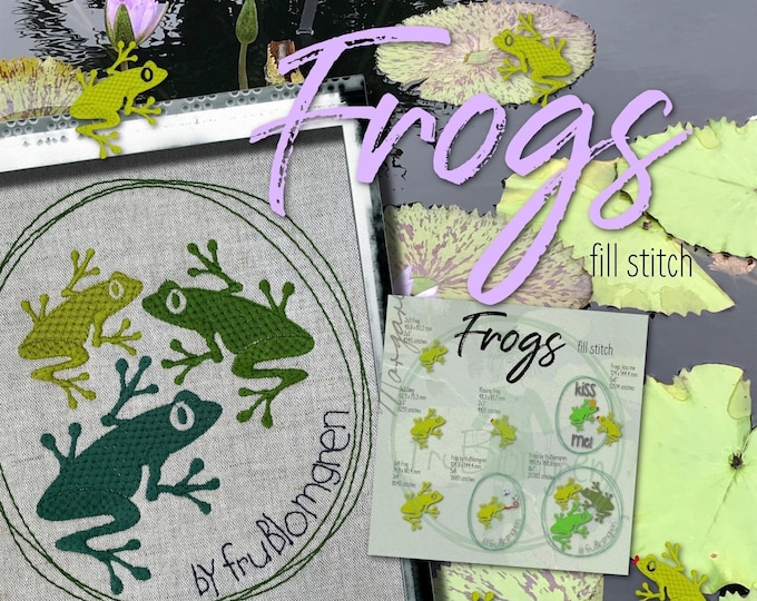 7 cute, fill stitch Frog designs: 4 singles and 3 motifs - Machine embroidery designs for Frog Lovers - hoop size 4x4" and 5x7"
