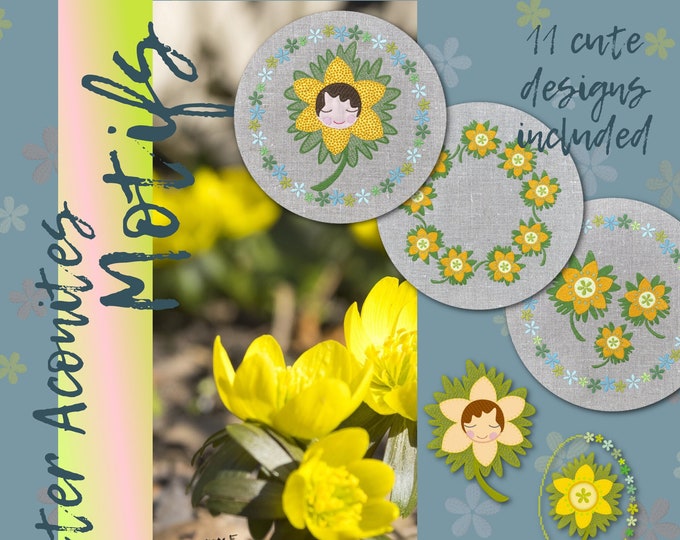 Spring Messengers - Winter Aconite Motifs & Eggs - 11 hand drawn and detailed designs to embroider on your machine - for hoop 5x7 and 8x8