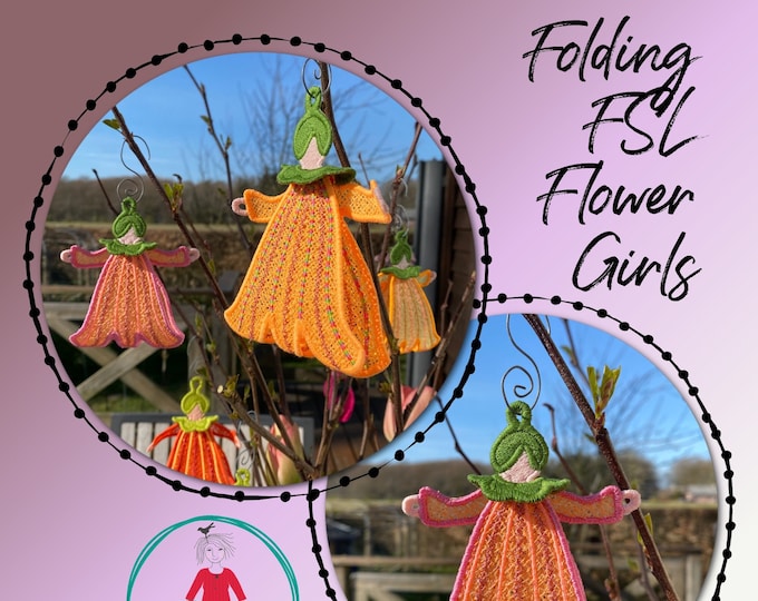 FSL Folding Flower Girls - Hand drawn, cute, freestanding 3D lace ornaments to make on your embroidery machine - 3 sizes - hoop 5x7 to 5x10