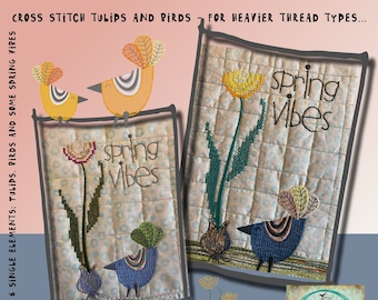 Cross stitch designs for your embroidery machine - Cute and Springy designs with my hand drawn Tulip and Bird - for heavier thread types...