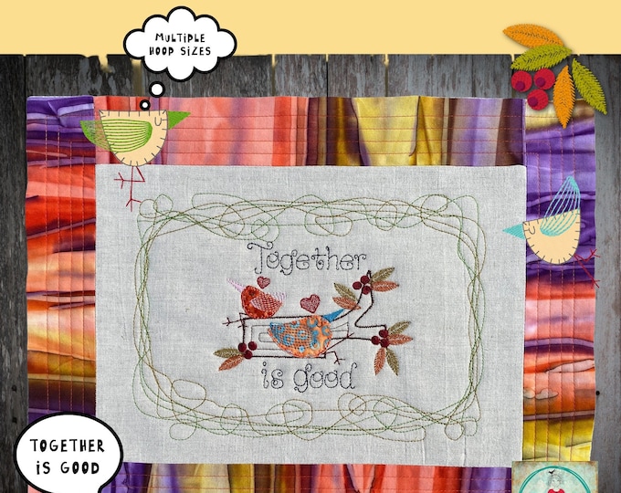 4 - BIRDS & BERRIES - Little Appliqué Birds on a small tree stump - motif for hoop 5x7", doodle frames in more sizes - 5 Designs included