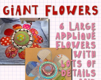 6 GIANT APPLIQUÉ FLOWERS to make on your embroidery machine - hand drawn, doodle-style, with lots of details - for hoop size 8x8" - 20x20 cm