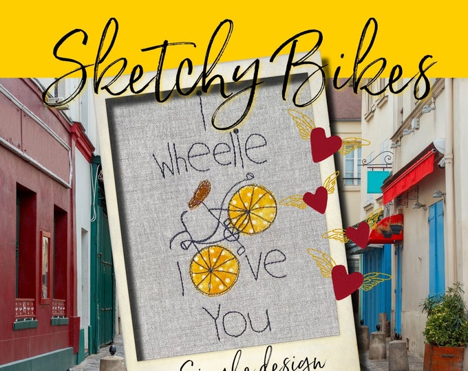 Single designs - SKETCHY BIKES - a hand drawn, sketchy bike with appliqué wheels and winged hearts - a design for your embroidery machine